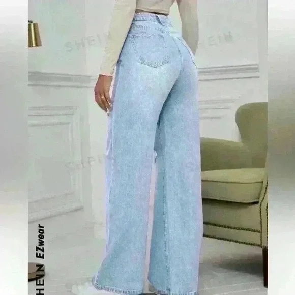 SHEIN EZwear Ladies’ Solid Color Ripped Denim Pants, Size Large - Picture 2 of 7